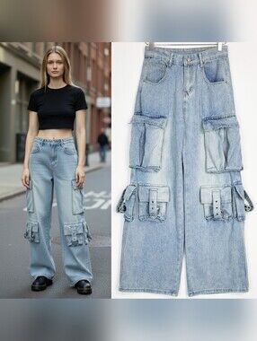 Jeans size 3 26 multi pocket cargo jeans wide leg hi rise acid wash skater y2k